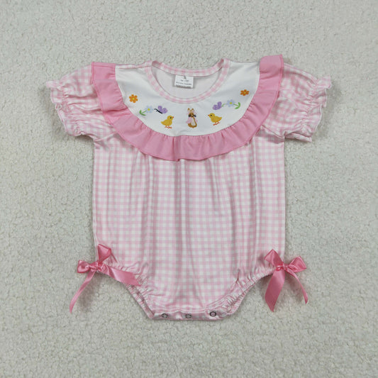 RTS NO MOQ（In Stock) Easter Butterfly, Chick, and Bunny Pink Plaid Short-Sleeve Jumpsuit