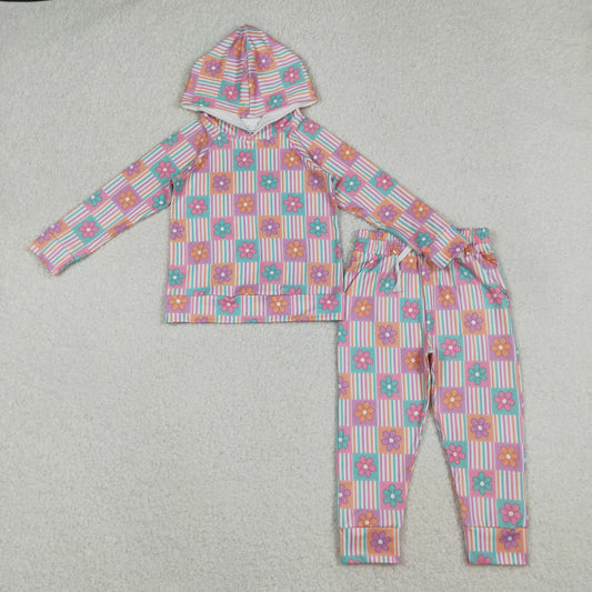RTS NO MOQ（In Stock) GLP2853 Floral and colorful striped plaid hooded long-sleeved pants set