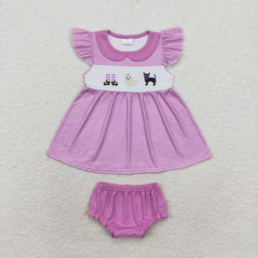 RTS no moq GBO0415 Embroidered Halloween ghost cat doll collar purple plaid flying sleeve briefs set