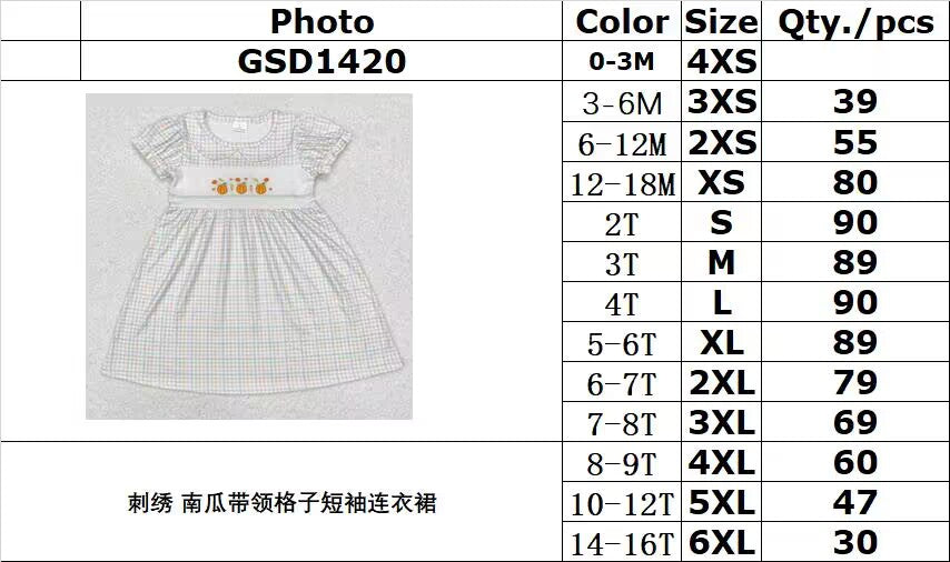 RTS NO MOQ ETA 5/7days GSD1420 Embroidered pumpkin collar plaid short-sleeved dress