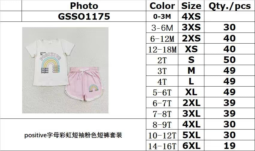 RTS no moq GSSO1175 Positive letter rainbow short-sleeved pink shorts set