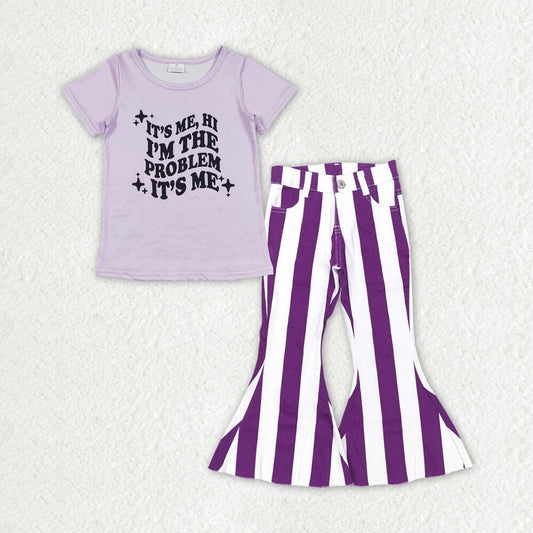 GT0432 +P0331 problem letter short-sleeved top Purple and white striped denim jeans