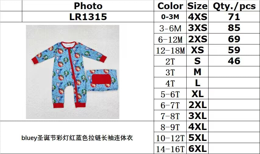 rts no moq LR1315 bluey Christmas lights red and blue zippered long-sleeved jumpsuit