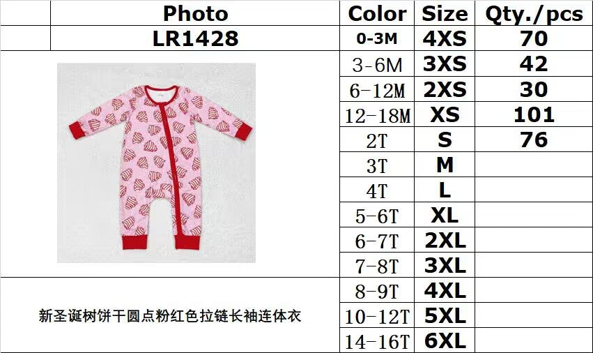 rts no moq LR1428 New Christmas Tree Cookie Polka Dot Pink Zipper Long Sleeve Bodysuit