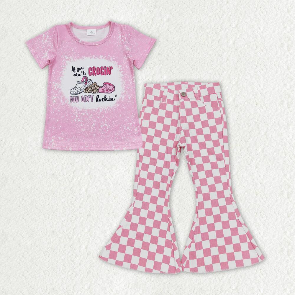 GT0443 +P0348 Alphabet Crocs Short Sleeve Top Pink and white plaid denim jeans