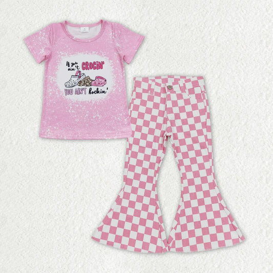 GT0443 +P0348 Alphabet Crocs Short Sleeve Top Pink and white plaid denim jeans