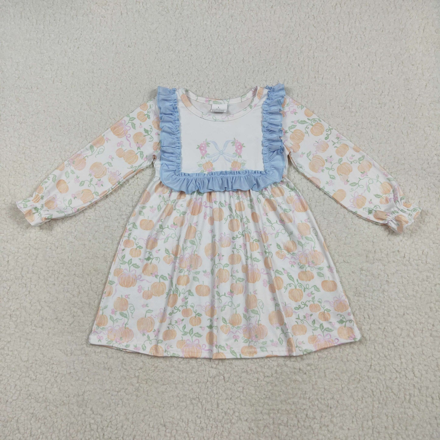RTS NO MOQ（In Stock ) GLD1084 Pumpkin leaf blue bow pattern lace white long-sleeved dress