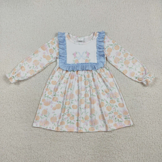 RTS NO MOQ（In Stock ) GLD1084 Pumpkin leaf blue bow pattern lace white long-sleeved dress