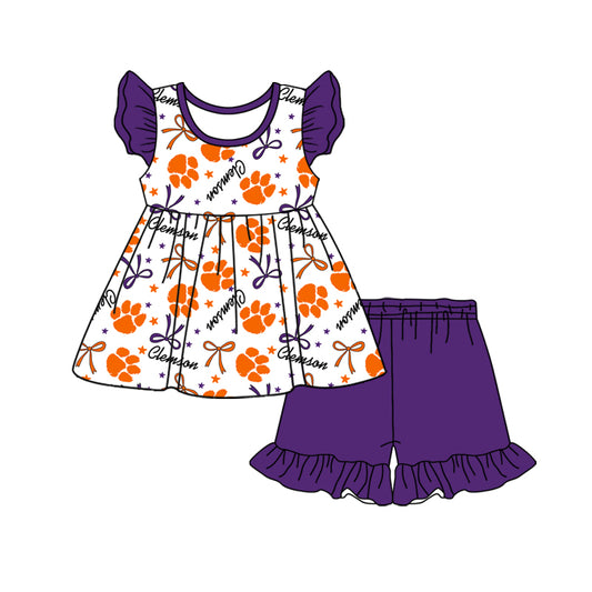 custom moq 3 eta 6-7weeks baby girls clothes team bow purple short Sleeves Shorts Set