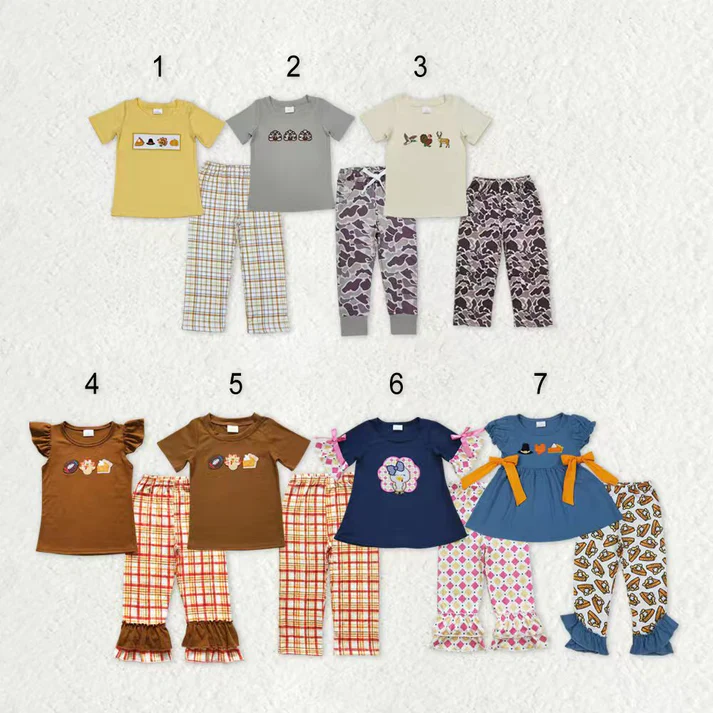 RTS NO MOQ Sibling Baby girls clothes embroidery turkey short-sleeved trousers suits