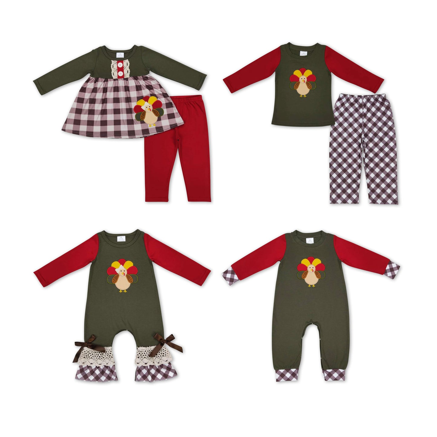 RTS NO MOQ  Girls Boys Toddlers embroidery LR0670 Embroidered Turkey Khaki Plaid Dark Green Long Sleeve