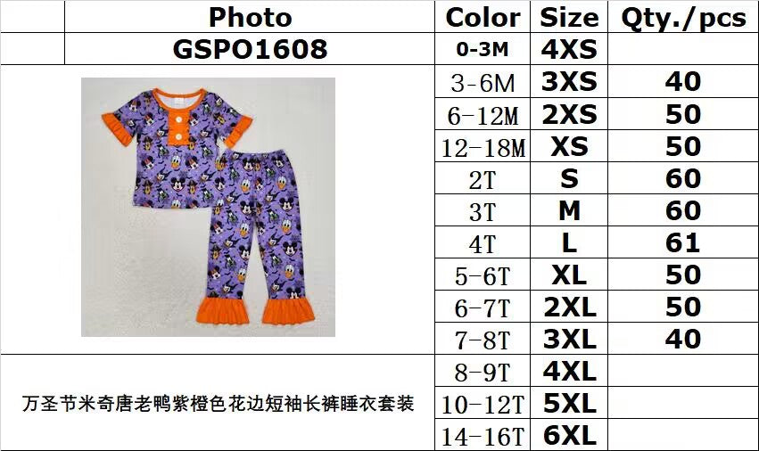 RTS NO MOQ GSPO1608 Halloween Mickey Donald Duck purple and orange lace short-sleeved long pants pajama set