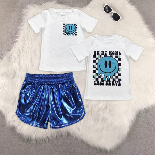 RTS NO MOQ BT0351+SS0409 Girls smiley white short-sleeved top Glossy leather shorts sets