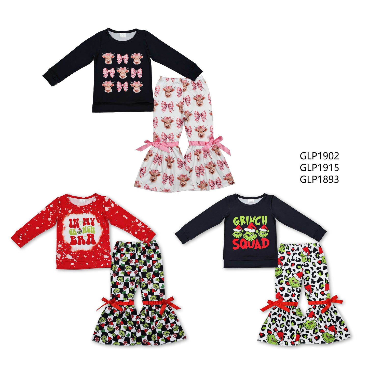 RTS NO MOQ Sibling baby girl clothes Christmas Long Sleeve Top-Bow Flared Pants Set
