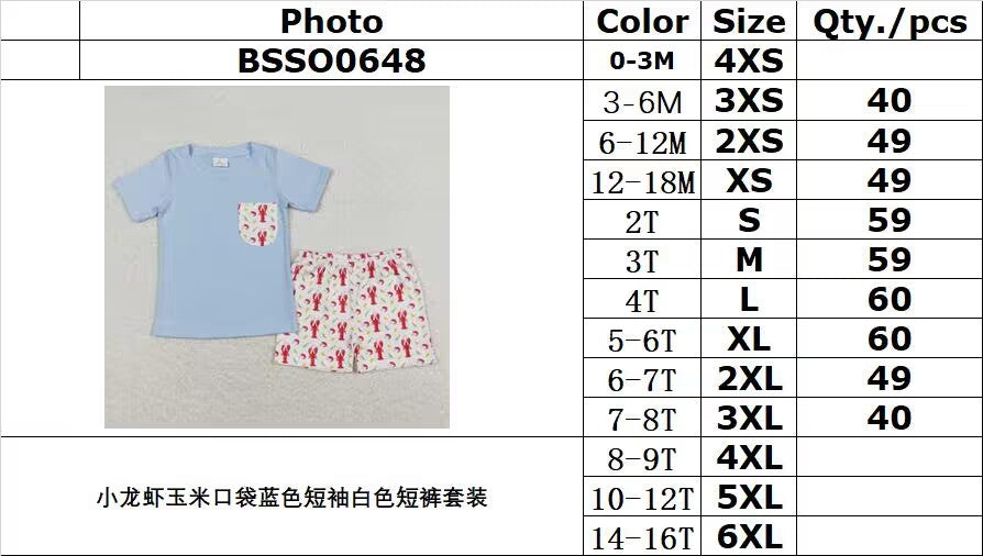 BSSO0648 Crayfish Corn Pocket Blue Short Sleeve White Shorts Suit