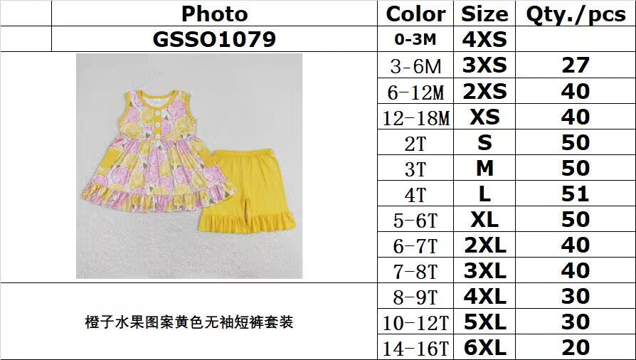 rts no moq GSSO1079 Orange fruit pattern yellow sleeveless shorts set