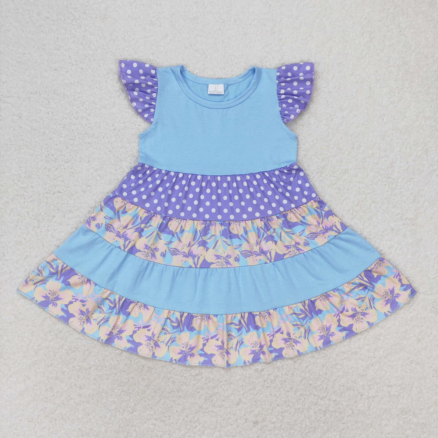 RTS no moq GSD1164 Flower dot blue flying sleeve dress