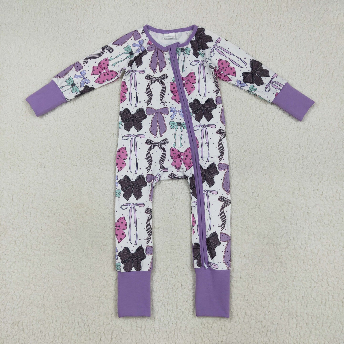 RTS NO MOQ（In Stock) LR2358 Purple long-sleeved zip-up bodysuit with Halloween bow pattern