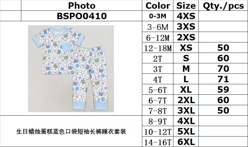 RTS NO MOQ BSPO0410 Birthday candle cake blue pocket short-sleeved long pants pajamas set