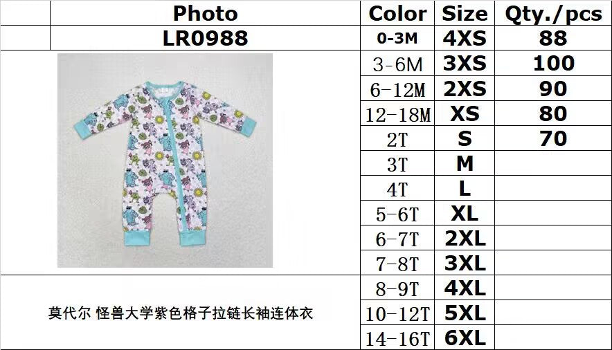 bamboo rts no moq LR0988 Modal Monsters University Purple Plaid Zipper Long Sleeve Bodysuit