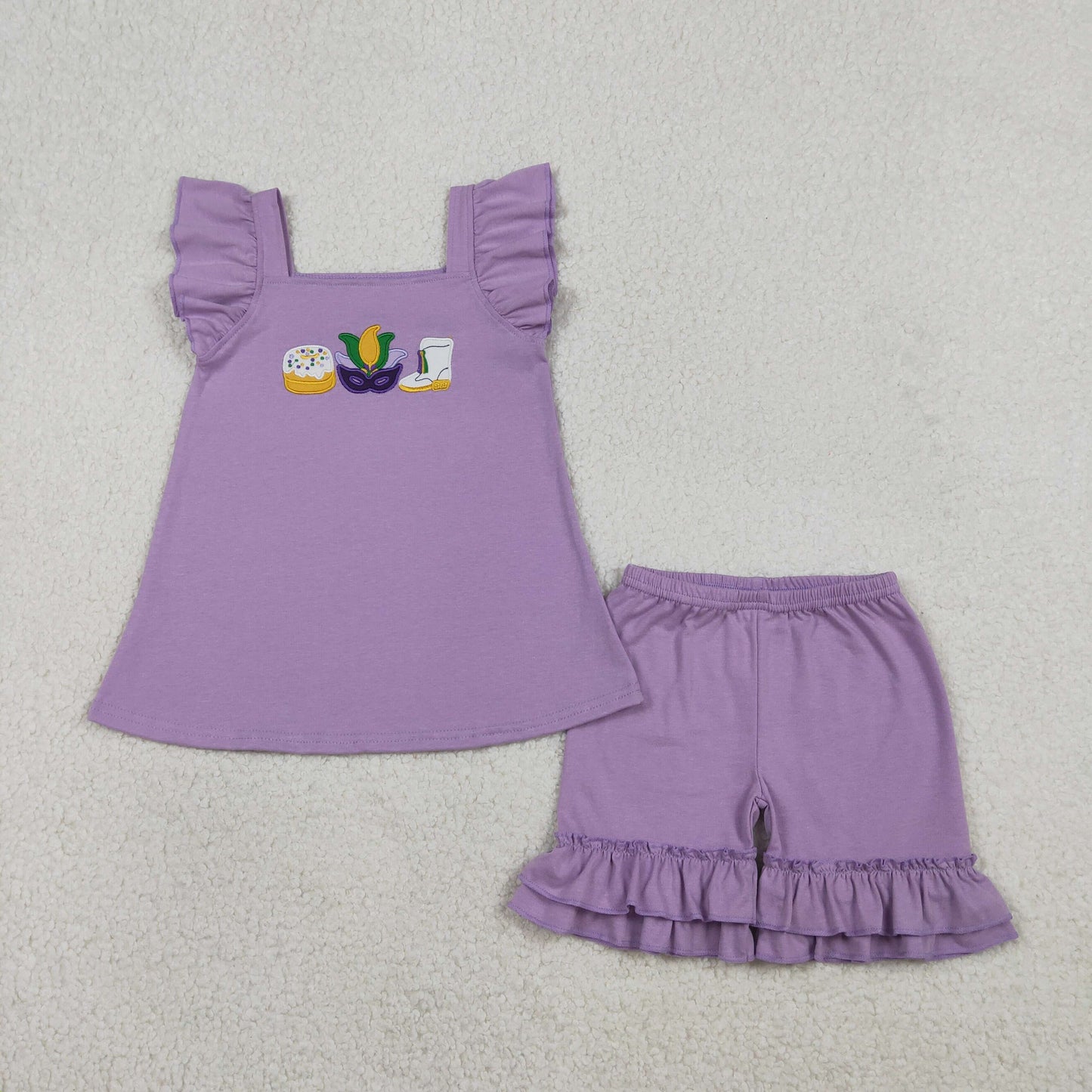 RTS NO MOQ（In Stock) GSSO2828 Embroidered Carnival Sweet Cake Mask Boots Purple Flutter Sleeve Shorts Set