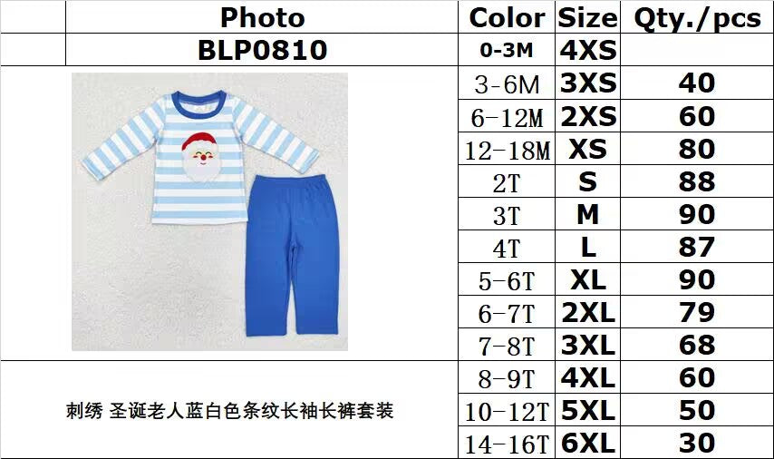 RTS NO MOQ ETA 5/7days BLP0810 Embroidered Santa Claus blue and white striped long-sleeved pants suit