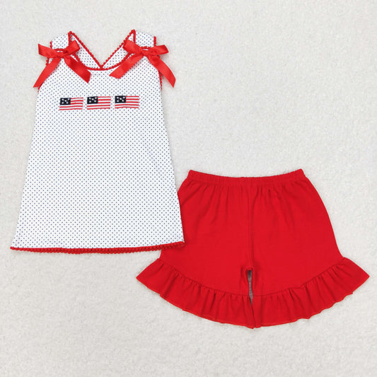 RTS NO MOQ GT0599+SS0269 Embroidered Flag Polka Dot White Sleeveless Top Red One-Layer Lace Shorts sets