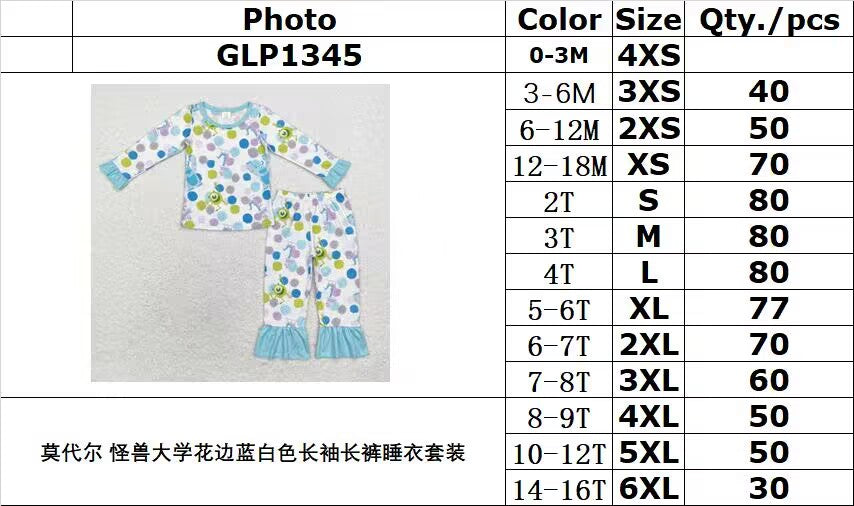 bamboo rts no moq GLP1345 Modal Monsters University lace blue and white long-sleeved trousers pajama set