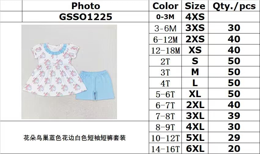 RTS NO MOQ GSSO1225 Flower bird's nest blue lace white short-sleeved shorts set