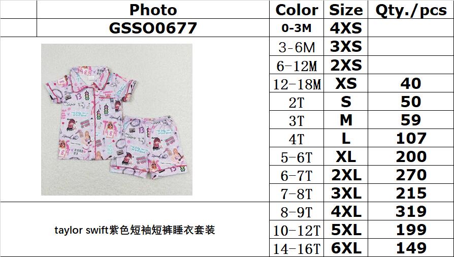 GSSO0677 taylor swift purple short sleeve shorts pajama set