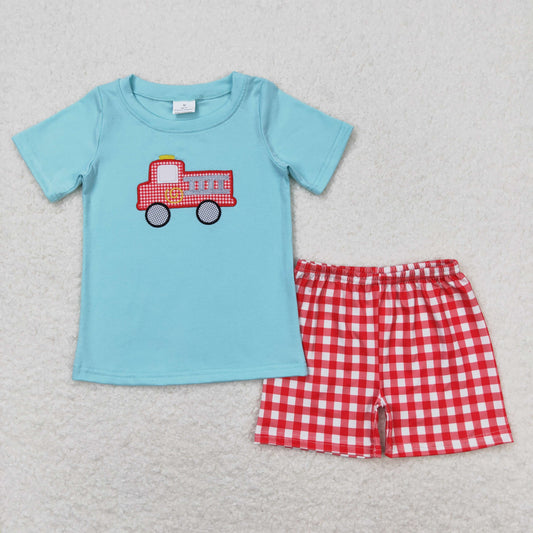 BSSO0549 Embroidered Fire Engine Blue Short Sleeve Red Plaid Shorts Suit