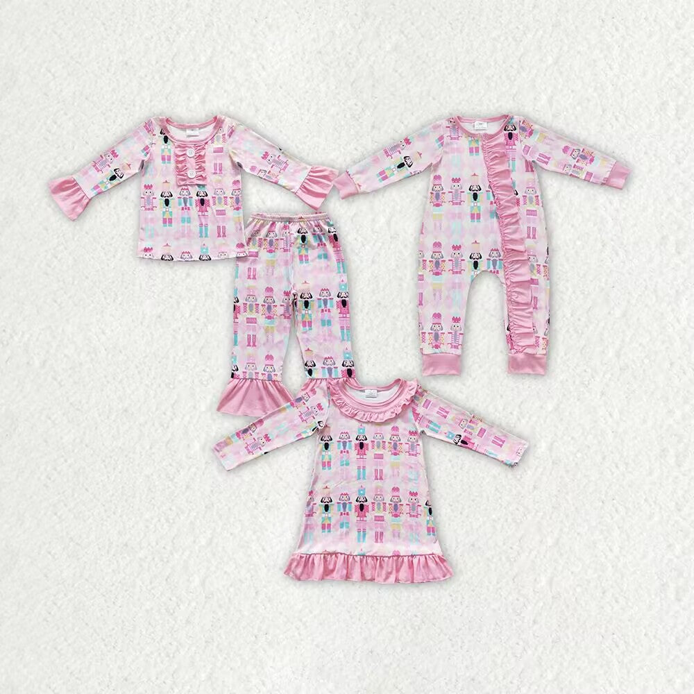 RTS NO MOQ Pink Marionette Guard Pattern Ruffled Edge Decorated Long Sleeve Suit & Long Sleeve Dress & Crawling Suit