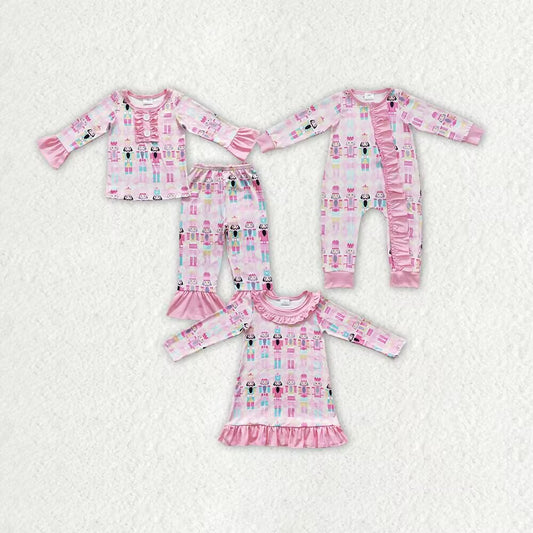 RTS NO MOQ Pink Marionette Guard Pattern Ruffled Edge Decorated Long Sleeve Suit & Long Sleeve Dress & Crawling Suit