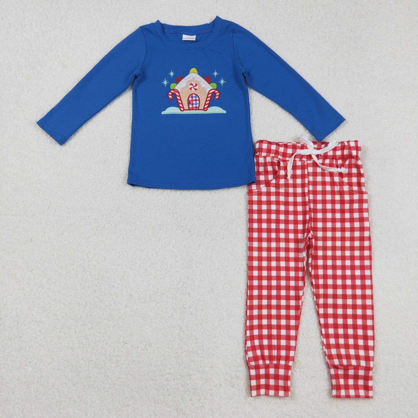 RTS NO MOQ（In Stock) BLP1151 Embroidered Christmas Candy Cane Blue Long-Sleeve Red Plaid Pantsuit