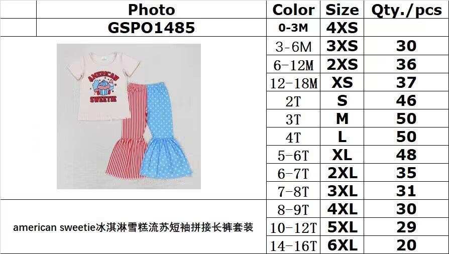 RTS no moq GSPO1485 american sweetie ice cream ice cream fringed short-sleeved patchwork trousers suit