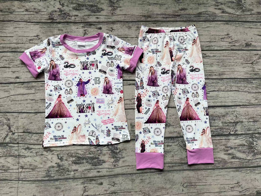 GSPO1414 pre-order girls taylor swift Purple and white short-sleeved trousers pajama set