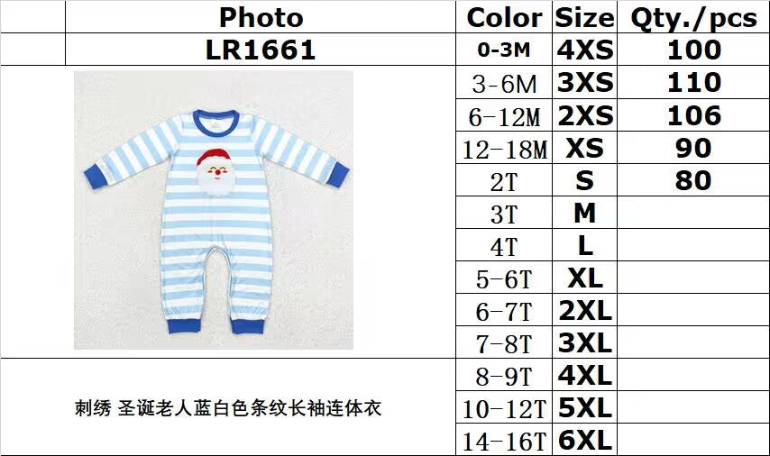 RTS NO MOQ ETA 5/7days LR1661 Embroidered Santa Claus blue and white striped long-sleeved jumpsuit