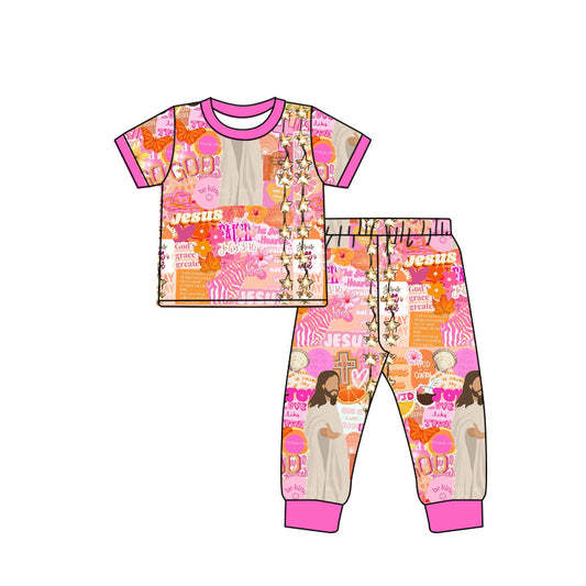 Deadline September  17 custom no moq eta 6-8weeks Rose pink star letter flower short sleeve trousers suit