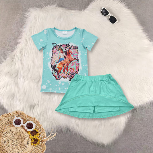 RTS NO MOQ blue short-sleeved top star striped blue and green pants skirt sets