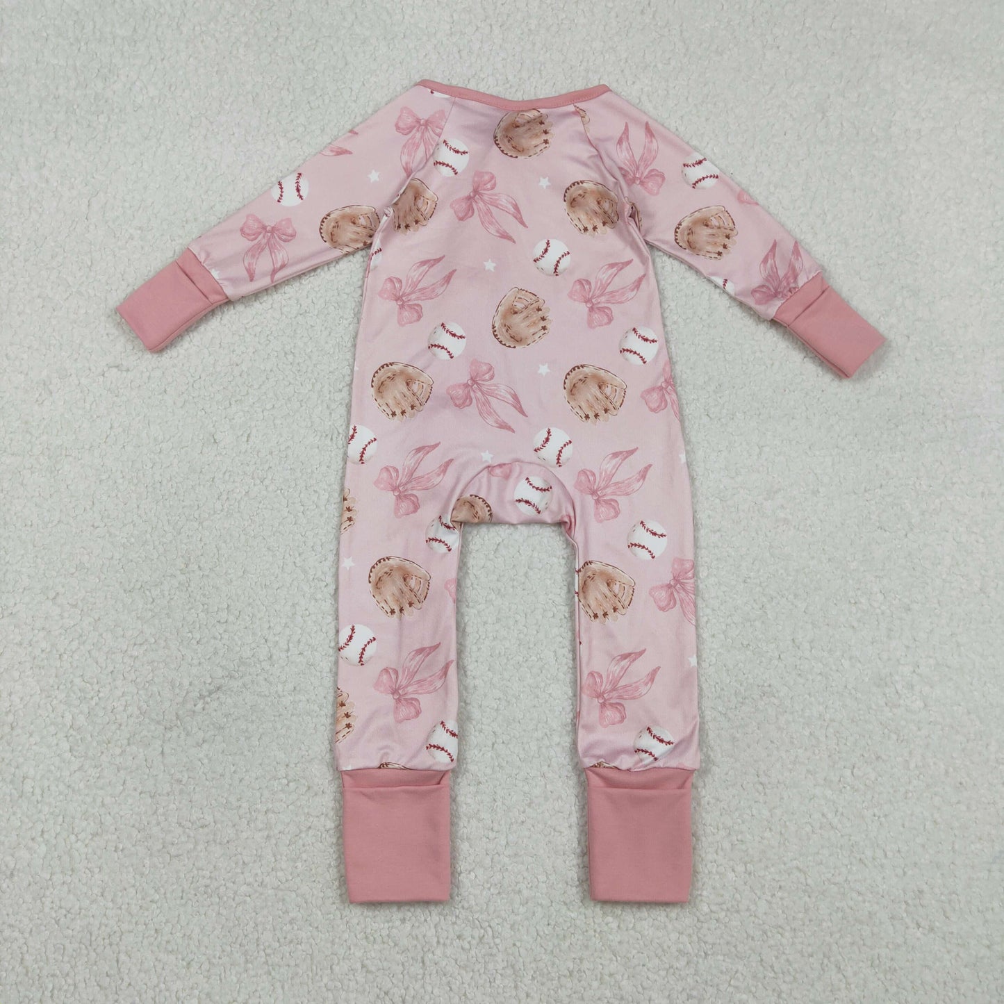 RTS NO MOQ（In Stock ) LR2967 Baseball Glove Bow Pattern Pink Zipper Long-Sleeve Jumpsuit