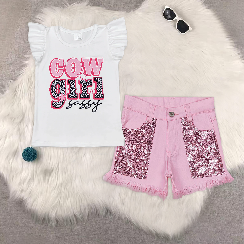 RTS NO MOQ GT0504+SS0230 Girls WESTERN pink white short-sleeved top sequin denim shorts sets