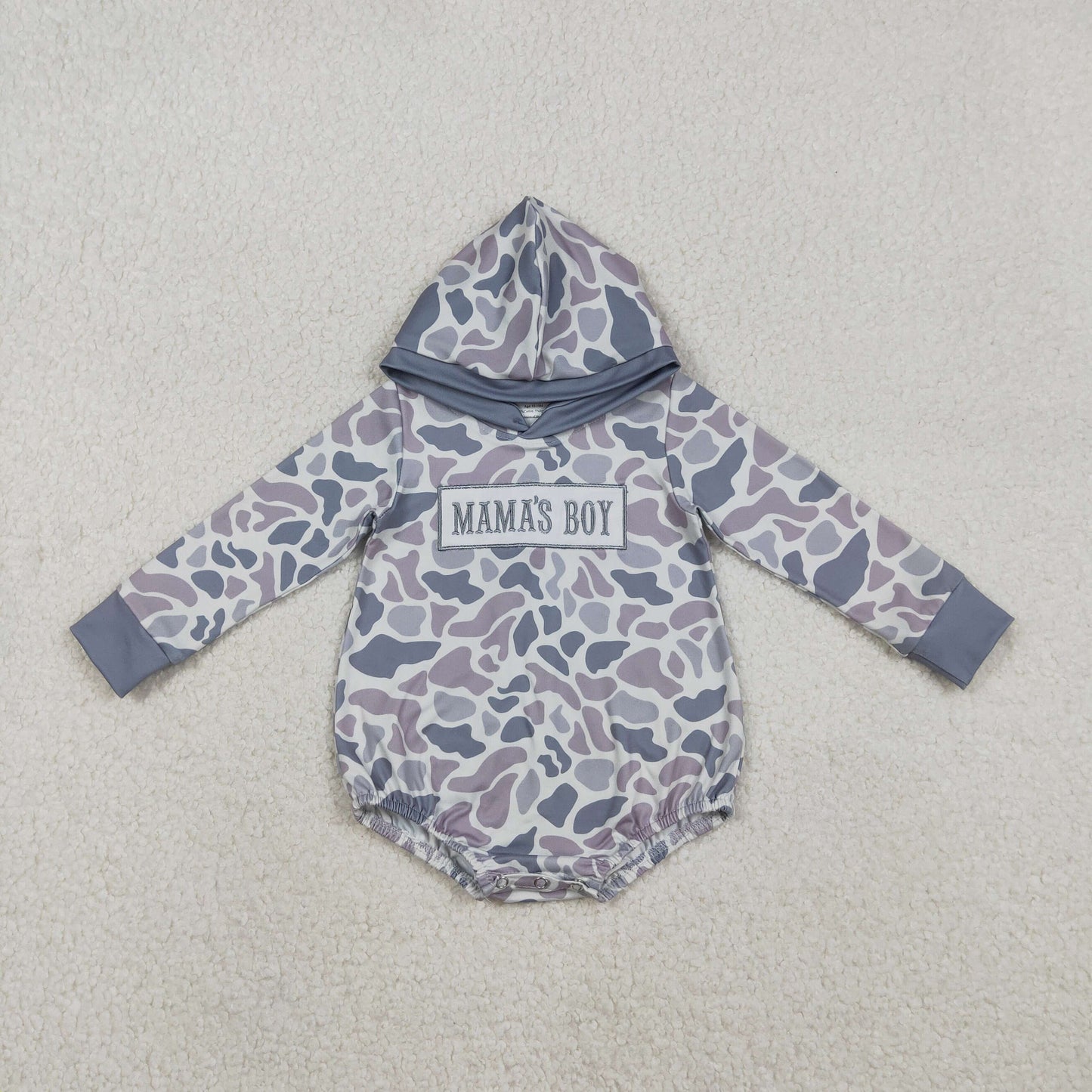 RTS NO MOQ（In Stock) Embroidered Mama's Boy Gray-Blue Camouflage Hooded Long-Sleeve Jumpsuit