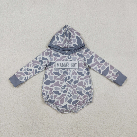 RTS NO MOQ（In Stock) Embroidered Mama's Boy Gray-Blue Camouflage Hooded Long-Sleeve Jumpsuit