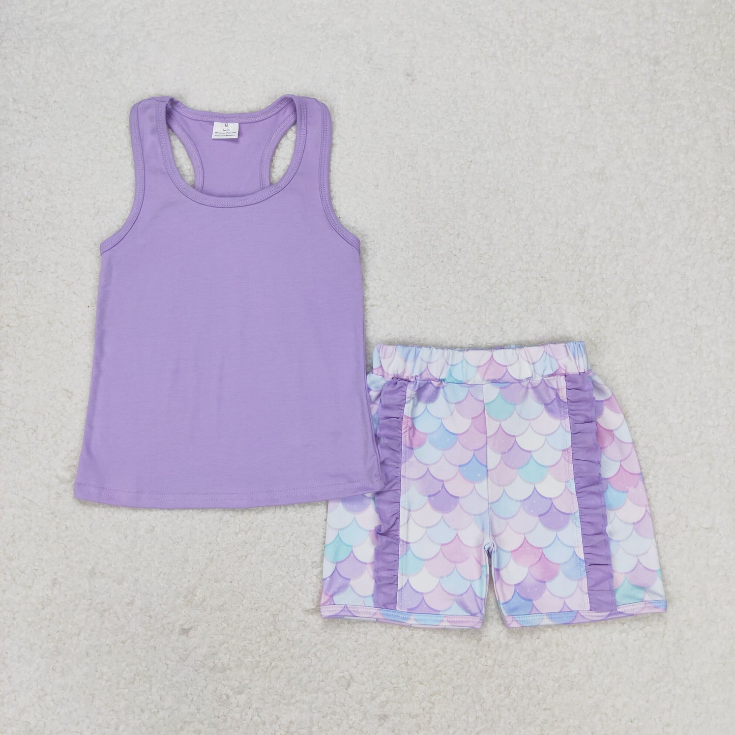 rts no moq GSSO1060 Mermaid scale bow solid color sleeveless blue and purple lace shorts set