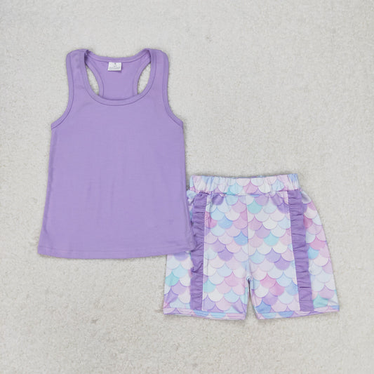 rts no moq GSSO1060 Mermaid scale bow solid color sleeveless blue and purple lace shorts set