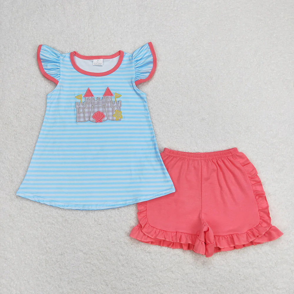 Baby Girls Boys Castle Embroidery Beach Sibling Clothes Sets