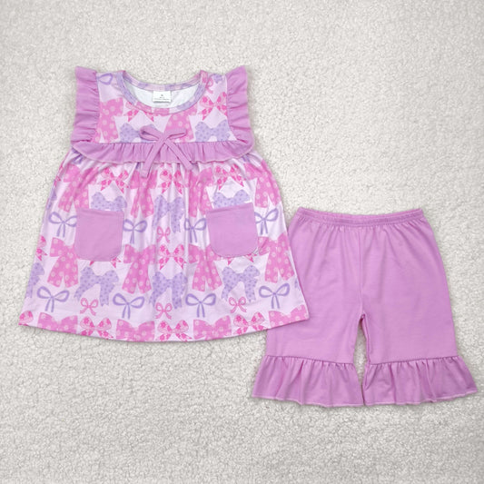 RTS NO MOQ GSSO2462 Flower bow pattern purple lace pocket pink sleeveless shorts set