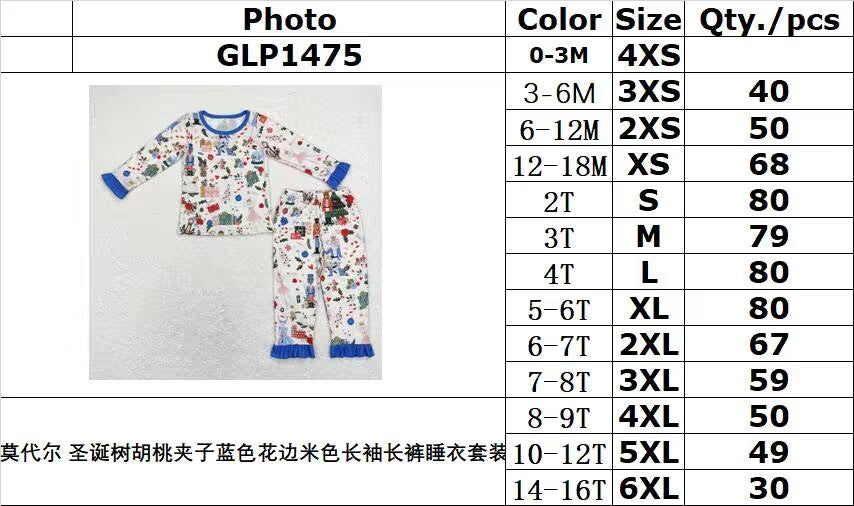 bamboo rts no moq GLP1475 Modal Christmas tree nutcracker blue lace beige long-sleeved trousers pajamas set