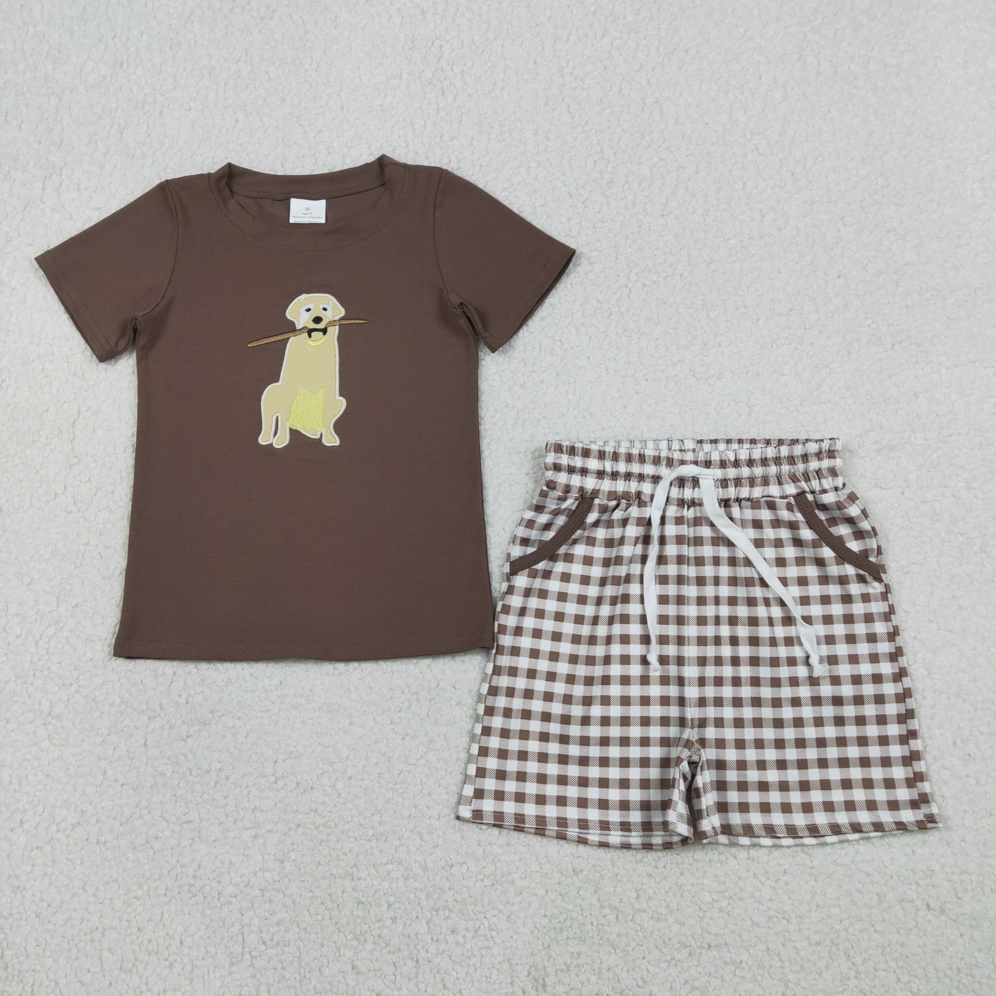 RTS NO MOQ（In Stock) BSSO1637 Embroidered Puppy Tree Branch Brown Short-Sleeved Plaid Shorts Set
