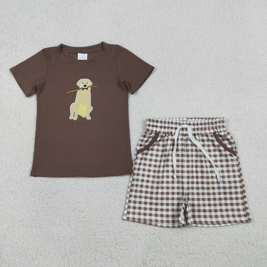 RTS NO MOQ（In Stock) BSSO1637 Embroidered Puppy Tree Branch Brown Short-Sleeved Plaid Shorts Set